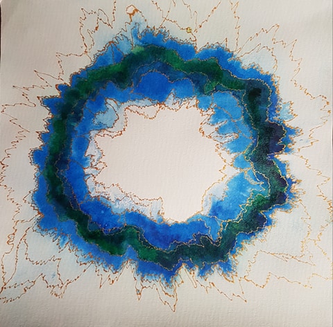 WORM HOLE #1. Ink and acrylic on paper. 10.5 x 10.5 inches.