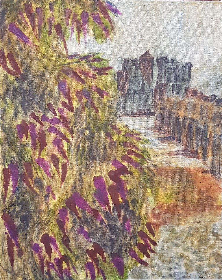 BUDDLEIA WITH WHARF. Acrylic on Canvas. 20 x 16 x 0.7 inches.